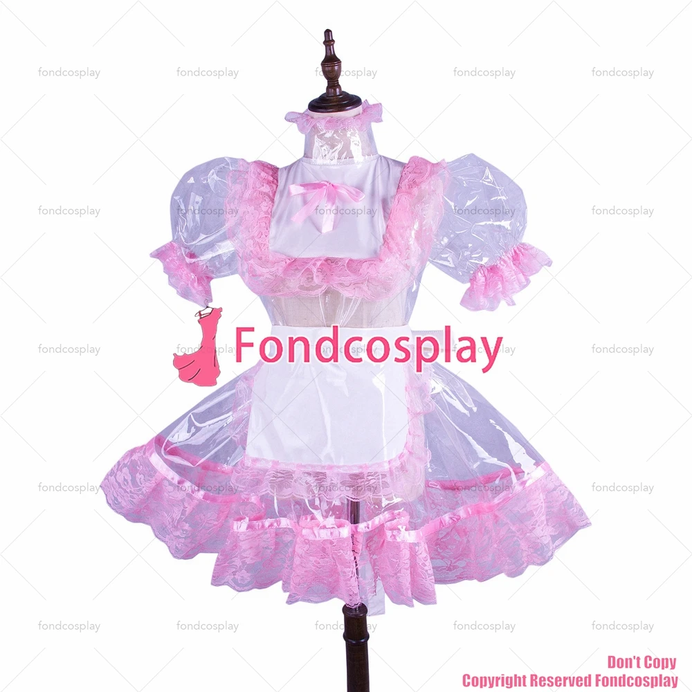 fondcosplay adult sexy cross dressing sissy maid Clear PVC lockable dress TPU white apron pink lace Uniform CD/TV[G1502]