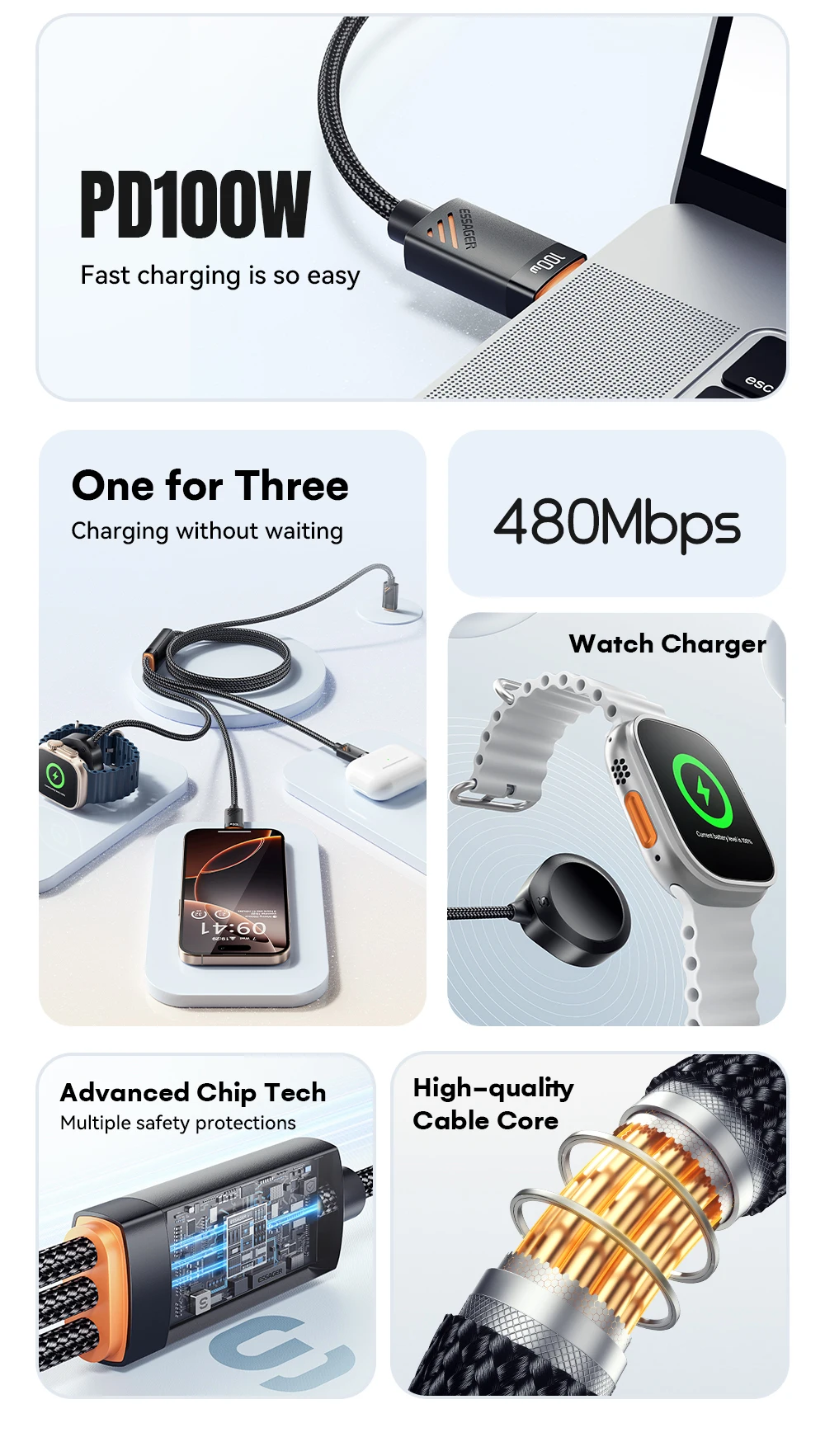 Essager 3-in-1 100 W Multi-USB-C-Ladekabel für Apple iWatch iPhone 16/15/14/13 Pro mit Typ-C-Lightning-Schnellladekabel – Detail 3