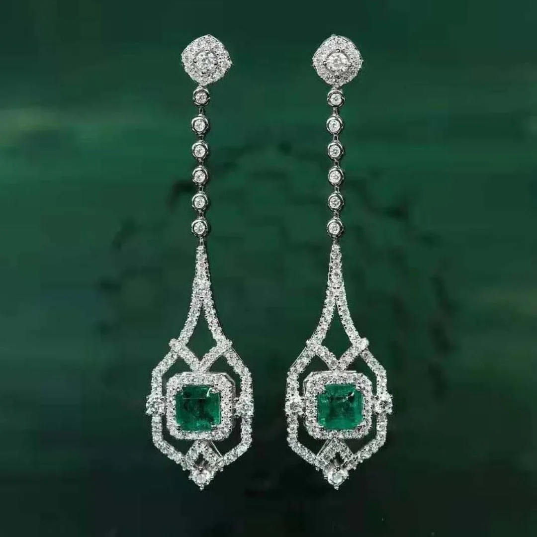 Light Luxury Vintage Square Green Dazzling CZ Hollow-out Drop Earrings Charms Popular Anniversary Appointment Jewelry for Women
