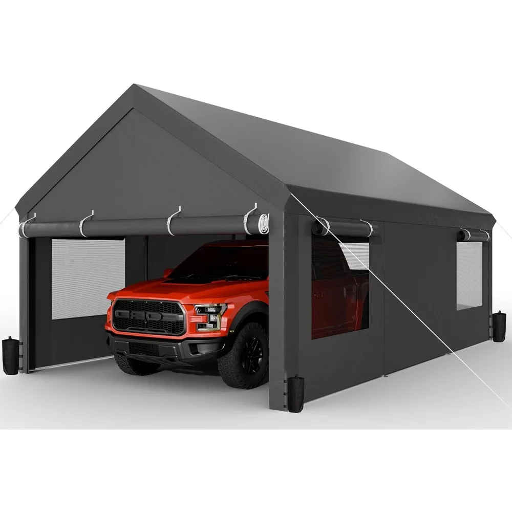 

Carport, 12x20 ft Heavy Duty Carport with Roll-up Windows, Portable Garage with Removable Sidewalls & Doors