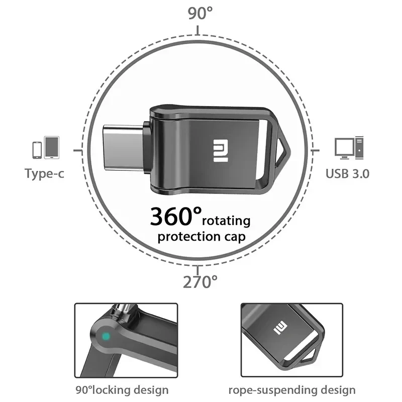 Xiaomi 2TB USB Drive Flash High Speed USB 3.0 Flash U Disk Type-C Interface Dual-use Mobile Phone Computer Metal Memory Stick