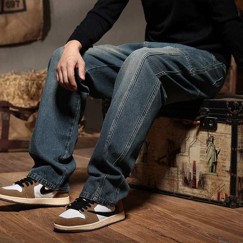

Men's Spring and Autumn Work Jeans Men's Pure Cotton Non-elastic Patchwork Wide Leg Jeans Loose Casual Straight Pants