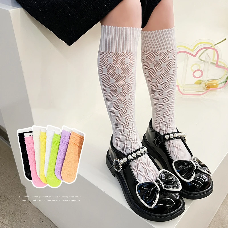 

Summer Girl Mesh Stockings Hollow Breathable Princess Kids Calf Sock Candy Color Children Long Socks 3-12Year Cotton Footwear