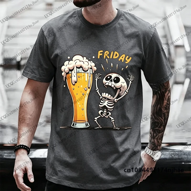 2026 Funy Skeleton Enjoying Friday Beer Day Pattern Men's T-shirt Summer Finally For Beer Lovers Cotton Tees Kids/Adult Tops