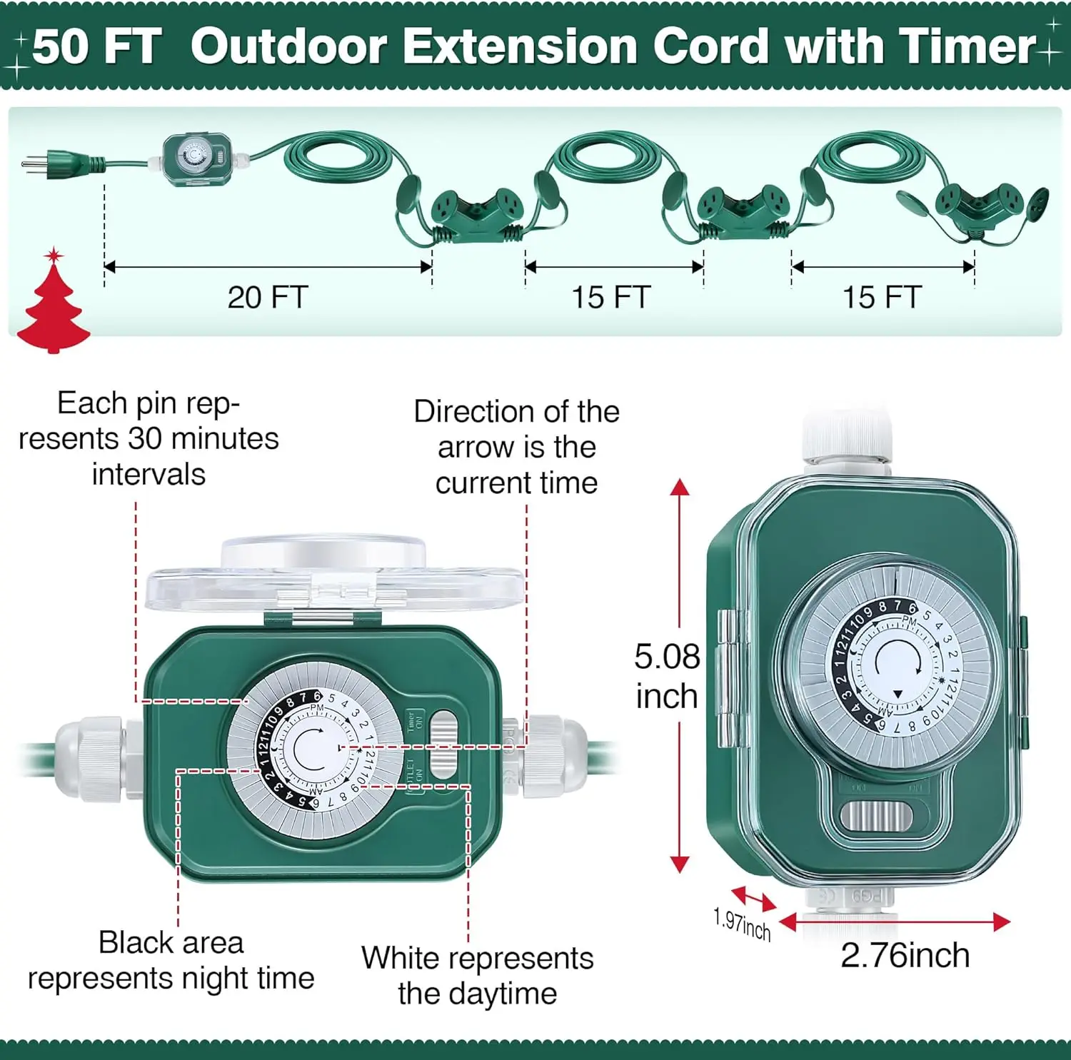 50 foot outdoor extension cord with mechanical timer and 6 socket plugs, 16AWG SJTW green power cord