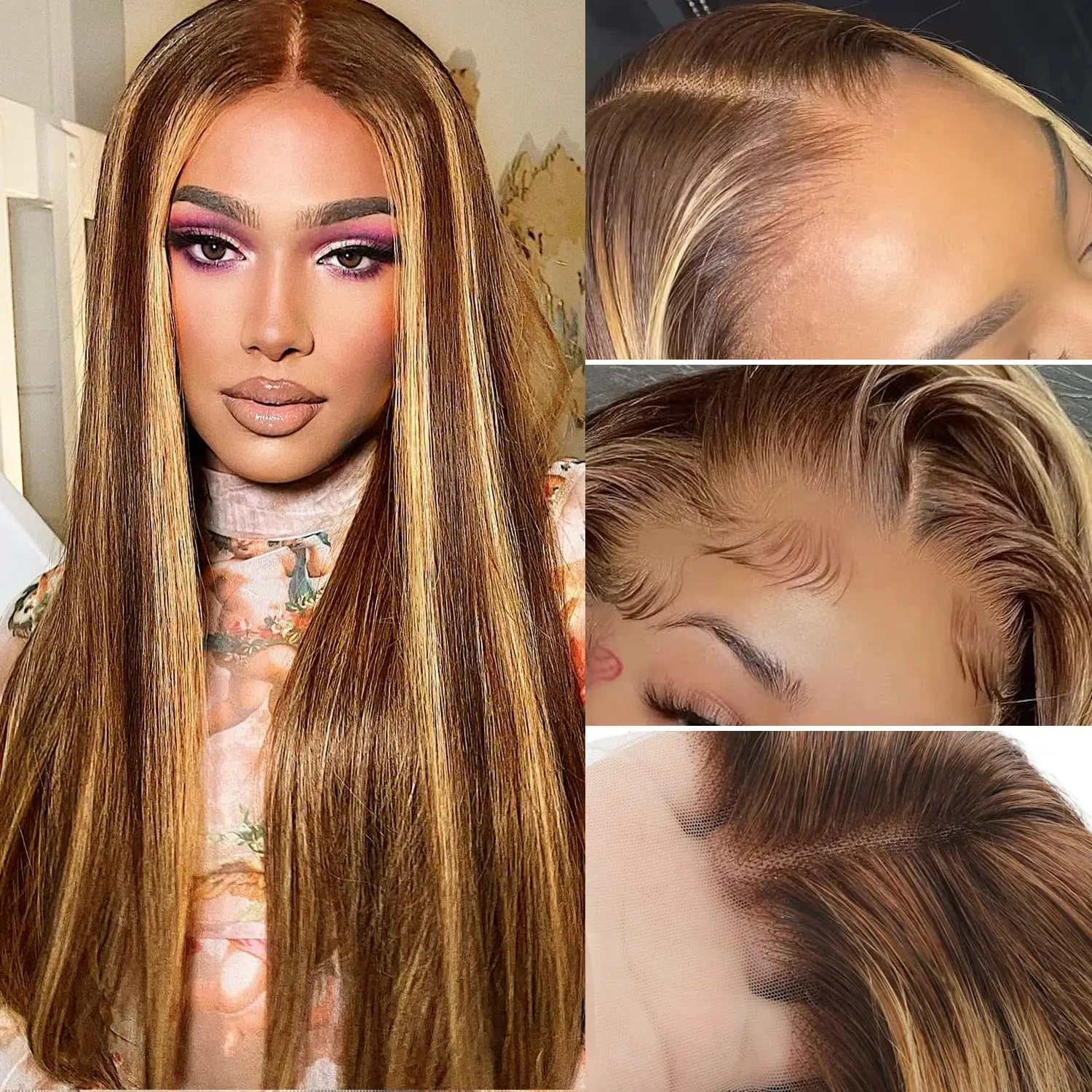 

Ombre Highlight 13x4 Lace Frontal Wig Natural Hairline PrePlucked 30 Inch Honey Blonde Straight Lace Front Wigs Human Hair