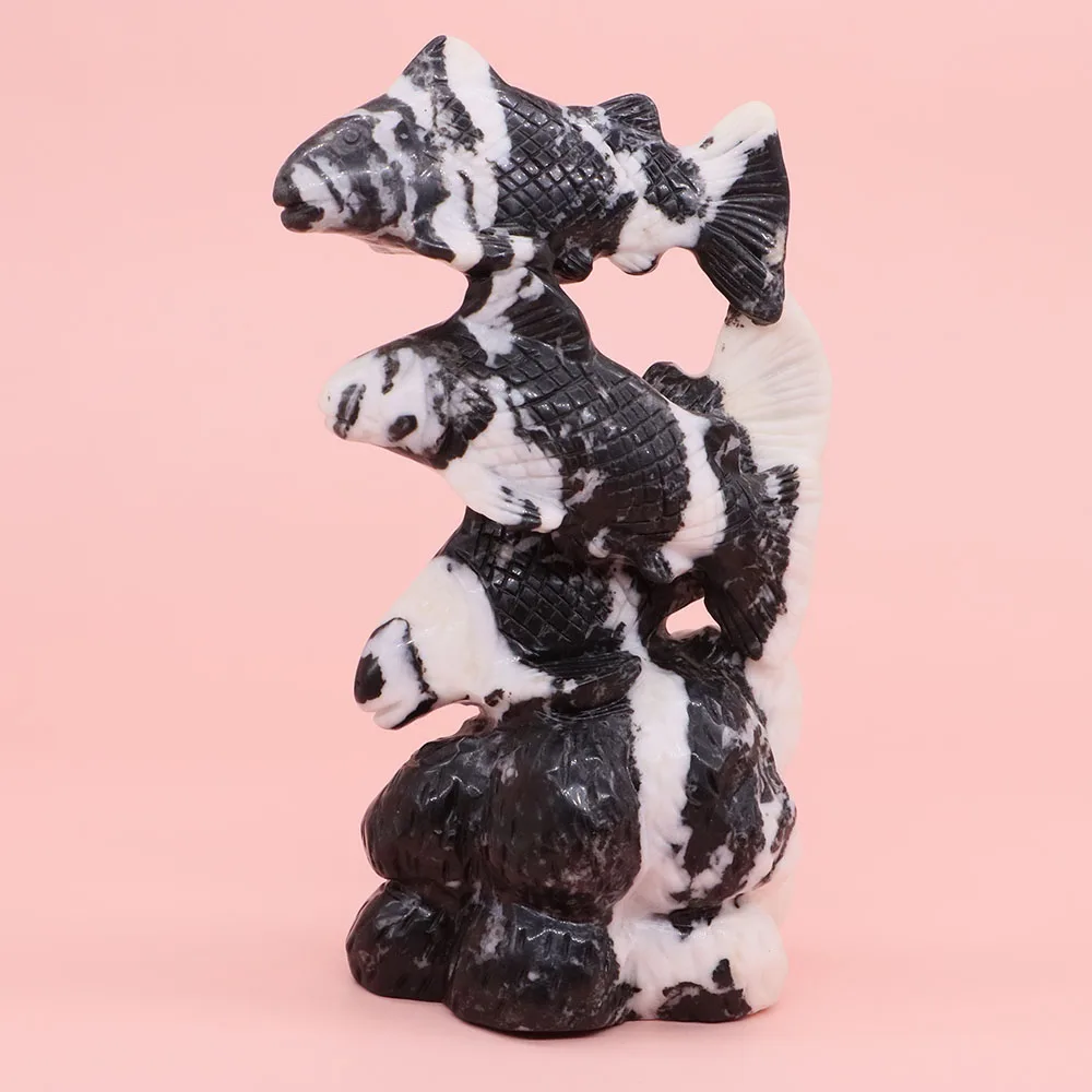 160mm Three Fish Statue Natural Stones Black White Zebra Healing Crystals Gems Hand Carved Figurine Crafts Home Decoration Gifts