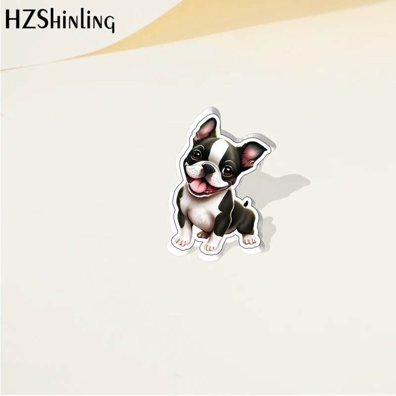 2023 Cartoon Cute Animal Pet Boston Terrier Dog Acrylic Lapel Pin Resin Epoxy Acrylic Pins Fashion Jewelry Accessories