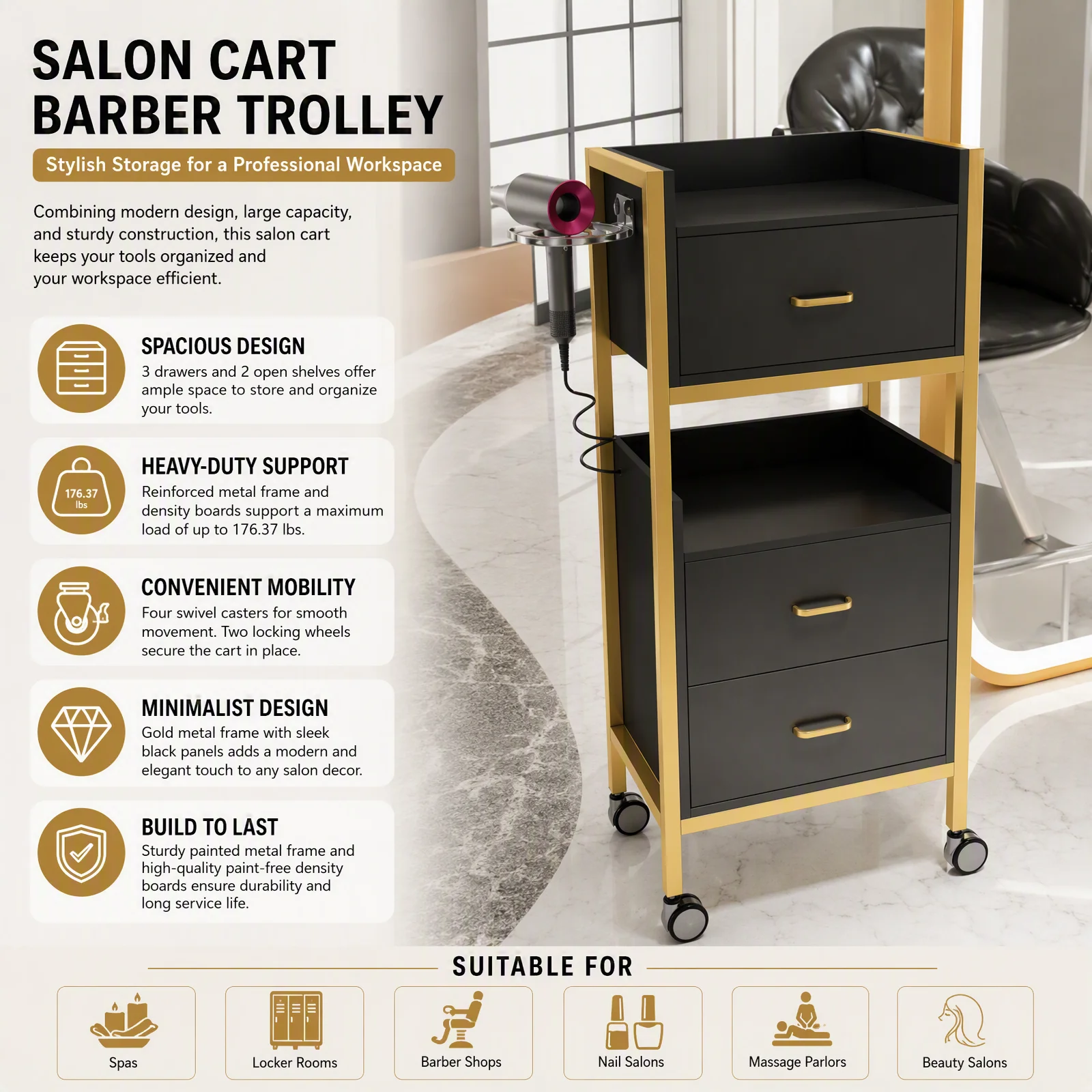 Salon Cart Barber Trolley with Wheels, 3 Drawers & 2 Open Tiers Storage Cart, Gold Black Rolling Trolley for Barber Shop Spa Nail Salon, 176.37lbs Load Capacity