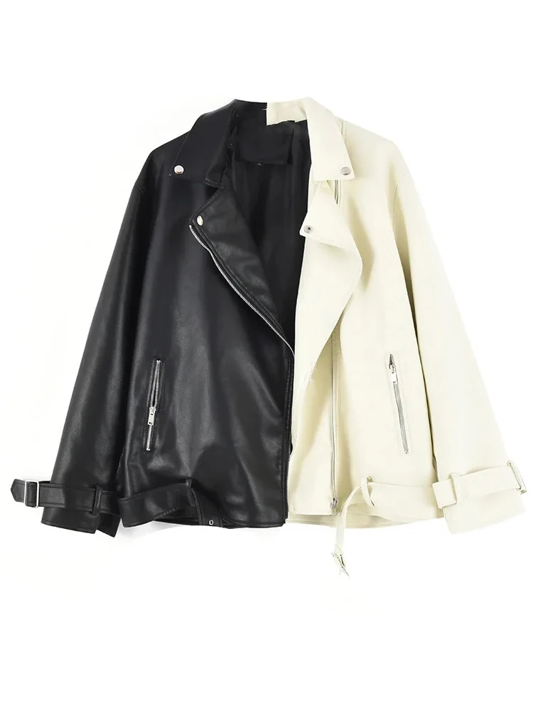 Autumn PU Leather Jacket Women Black White Patchwork Color Leather Coat Women Motorcycle Jacket Turn Down Collar Biker Jacket