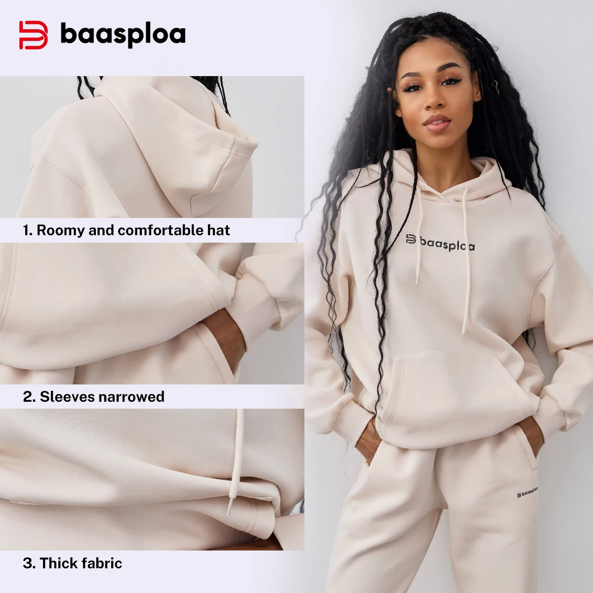 Baasploa Women Hoodies Loose Casual Clothing for Women Breathable Comfort Soft Solid Sportswear Free Shipping
