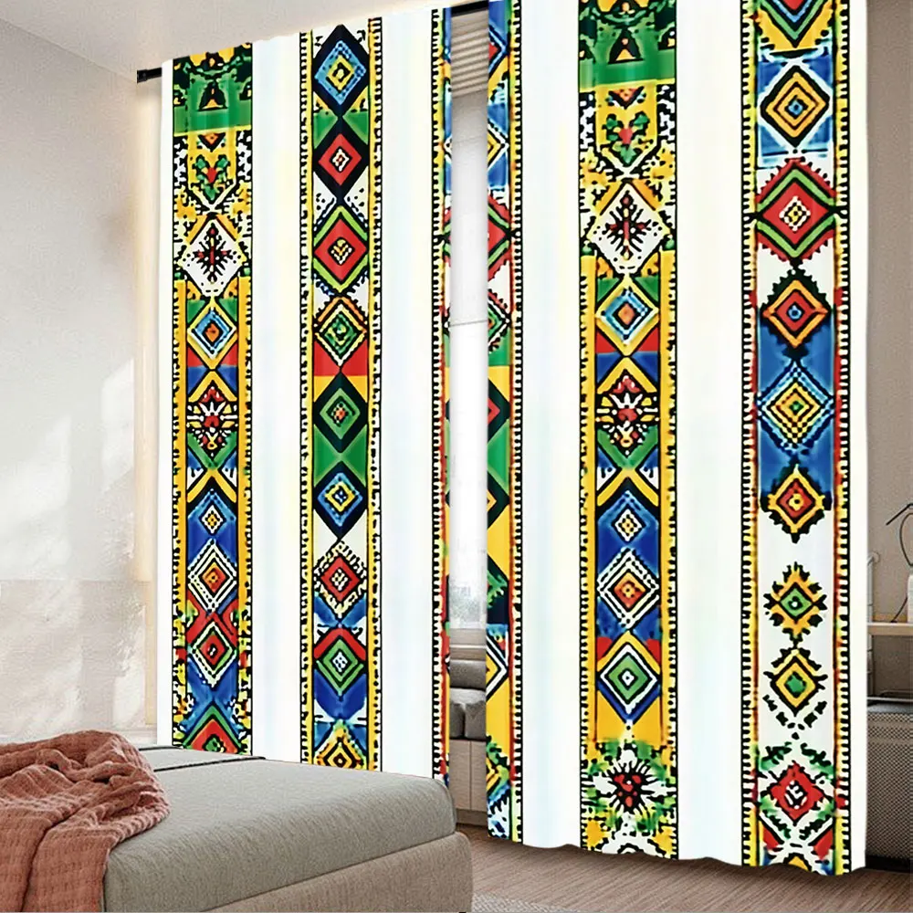 2Pcs Colorful Retro Pattern Curtain Geometric Print Ethiopia Inspired Curtain For Bedroom Bathroom Living Room Dining Room Study