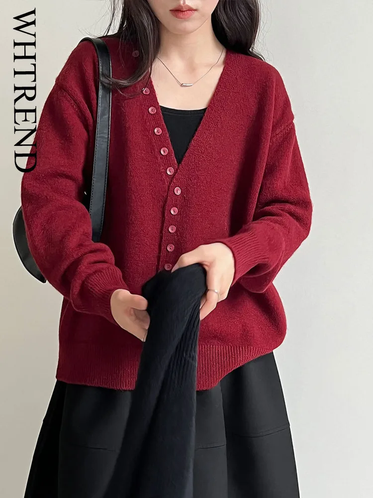 

WHTREND Korean Style Button V-Neck Loose Slimming Coat For Women Autumn New High-End Knitted Sweater WH1787