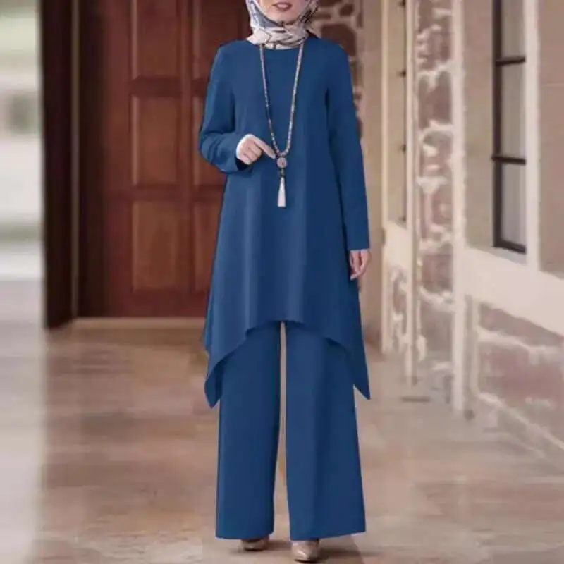 2025 Muslim Women's Spring and Autumn Solid Color Round Neck Pullover,  Mid Skirt, Long Pants, Fashionable Casual Suit Elegant