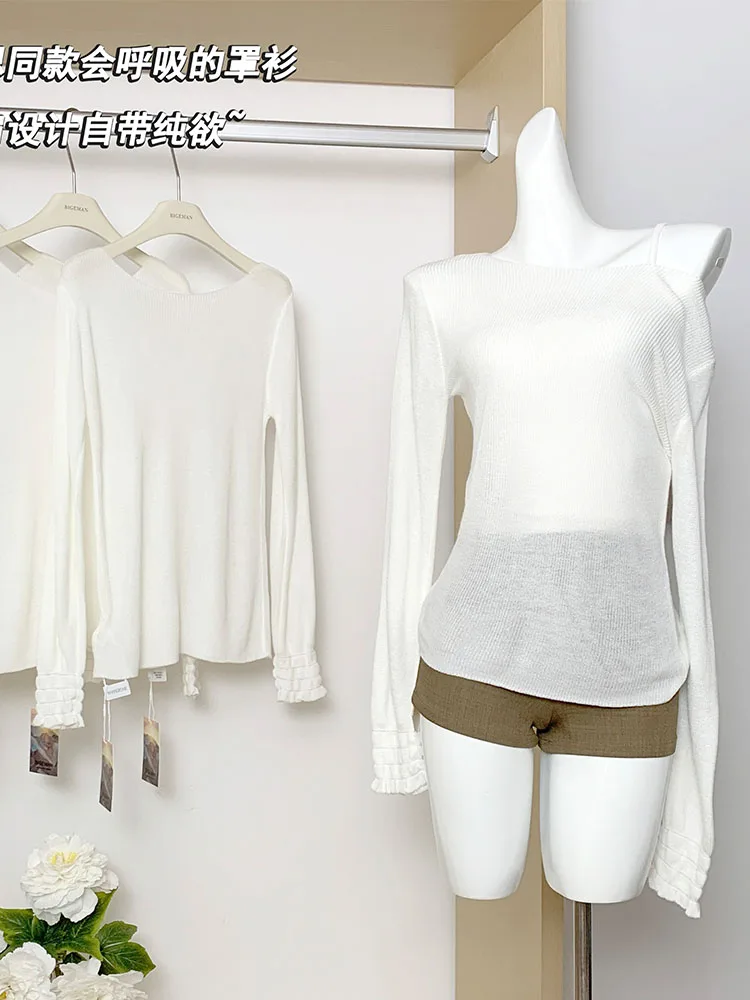 

Модные простые свободные уютные вязаные пуловеры белого цвета, осенние женские элегантные тонкие топы с круглым вырезом и длинным рукавом, милый свитер в Корейском стиле