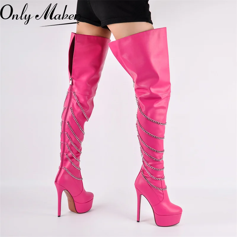 Onlymaker, botas por encima de la rodilla con plataforma rosa para mujer, tacón fino alto, decoración de cadena de Metal, botas hasta el muslo con cremallera para mujer