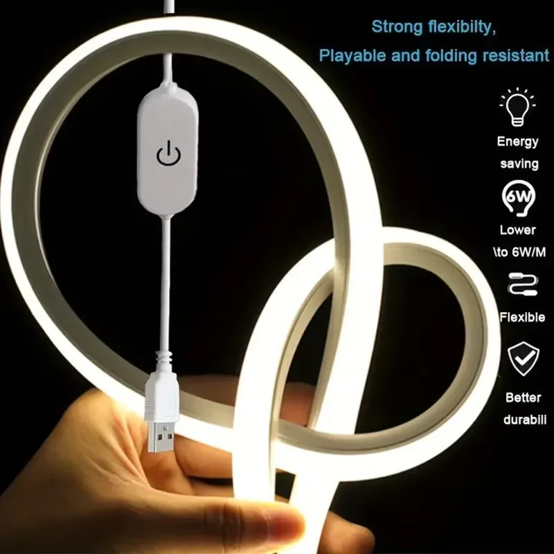 Lqhzmyy Led Light Strip USB Dc 5V Dimmable Touch Sensor Switch Flexible Silicone Neon Light Strip Waterproof Outdoor Decoration, Indoor Landscape Decoration, DIY Patterns Warm Light 3000K/White Light 6000K, 1M/2M/3M/4M