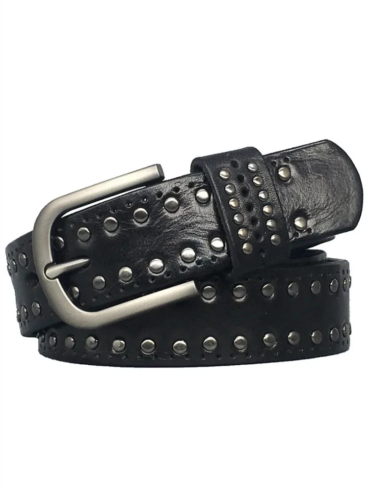 Women Rivets Studded Strap For Jeans Width 3.3cm Cowhide Genuine Leather Belt Pin Buckle Waistband Fashion Accessory Belts