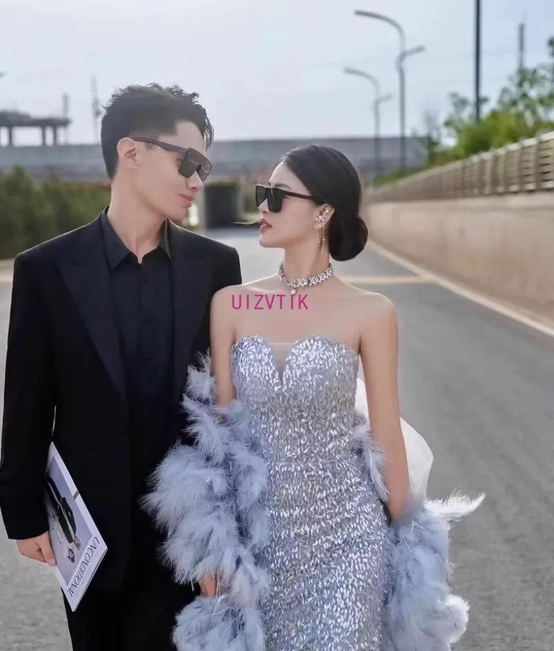 Vestidos de noche elegantes sin tirantes con lentejuelas para mujer con chal, vestido de fiesta con cuentas de lentejuelas, vestidos largos sexis de sirena para novia