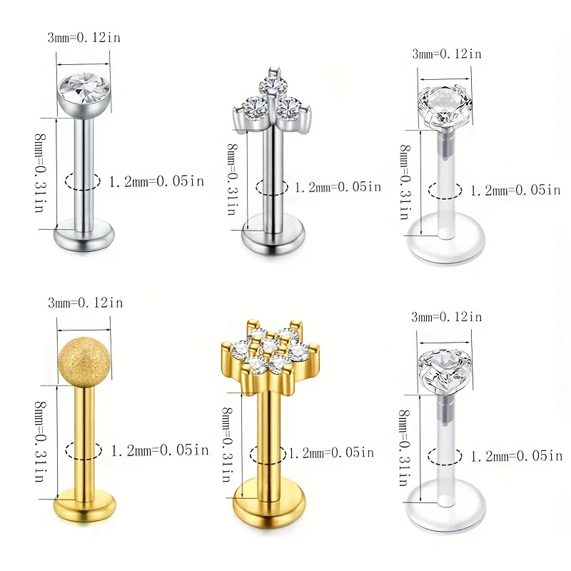 10pcs Lip Studs Clear Retainer Helix Tragus Earrings Bioflex Stainless Steel Plastic Cz Heart Labret Medusa Monroe Piercing