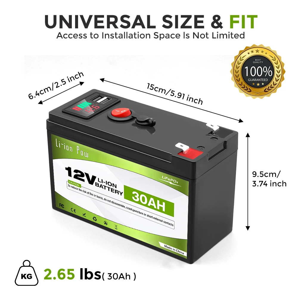 Lithium LiFePO4 12V 30Ah Deep Cycle Iron Phosphate Battery for Solar, Fish Finder, Power Wheels, Lighting,Off-Grid Applications