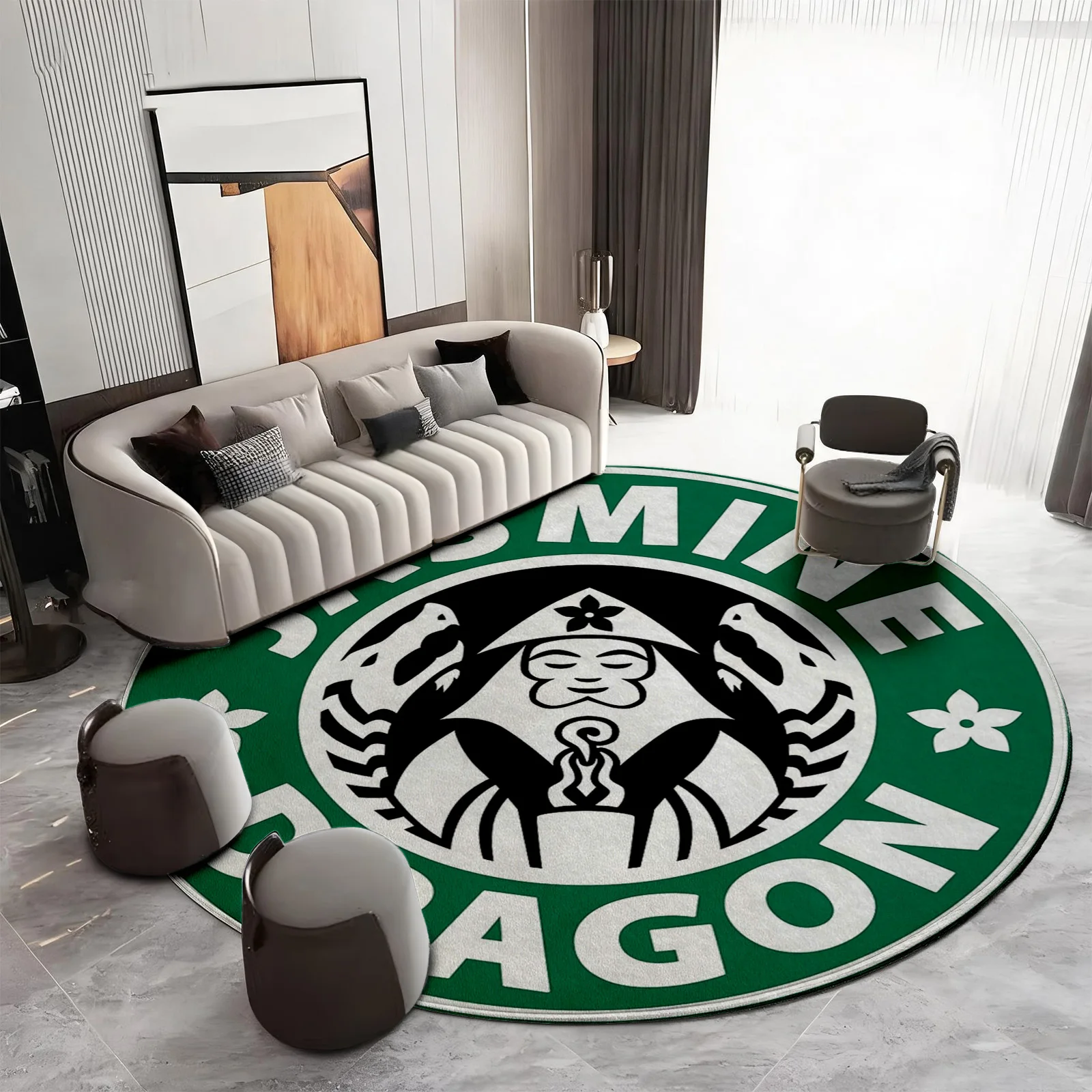 Large Circular Area Rug Dragon Design Modern Bohemian Geometric Floor Mat for Living Room Home Decoration Statement Accent Piece