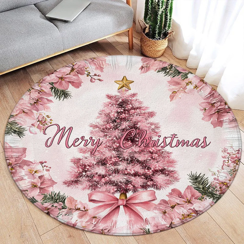 

Pink Floral Christmas Tree Round Carpet Green Pine Branch Bowknot New Year Xmas Flannel Home Living Room Bedroom Decor Floor Rug