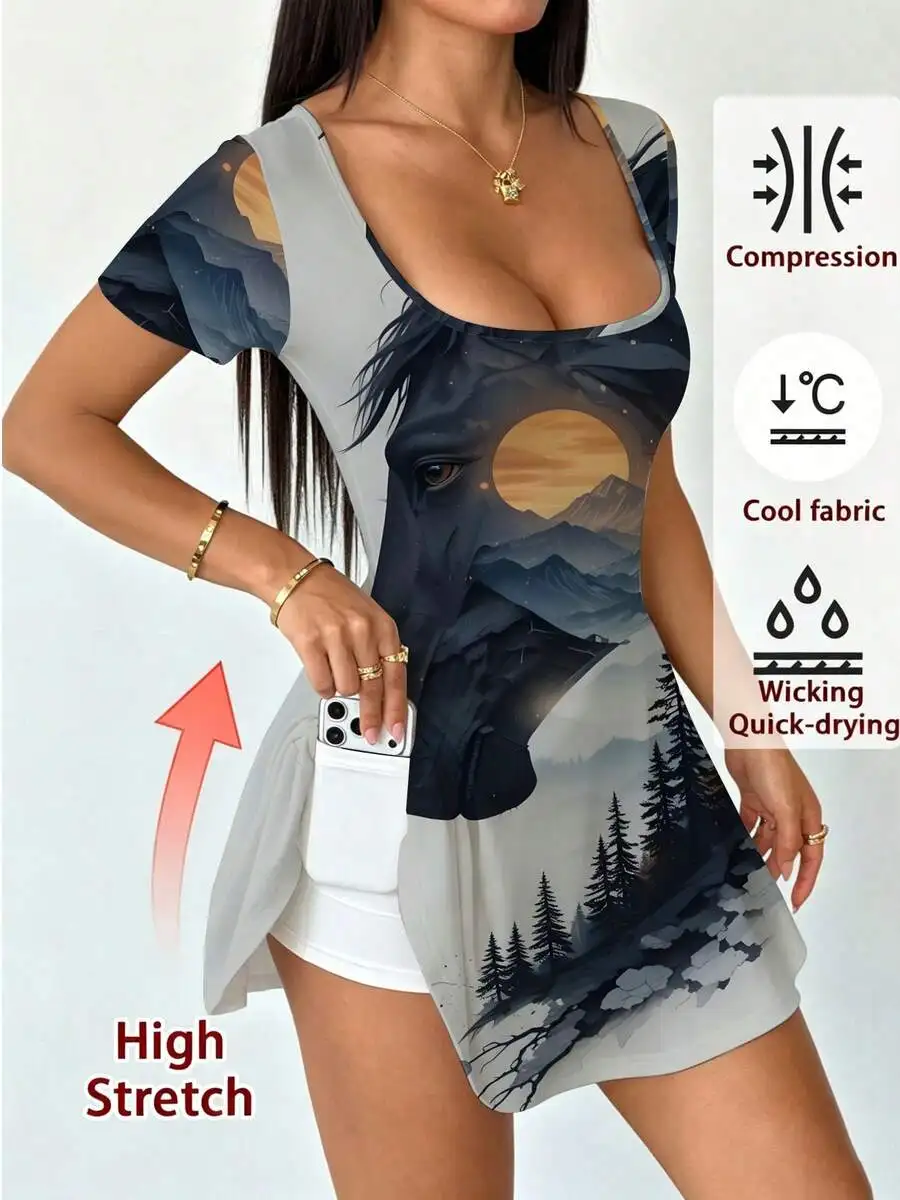 Square Neck Fake Two Piece Tennis Dress High Elasticity Quick Drying Sports Dress With Pocket Summer Fitness And Running Skirt