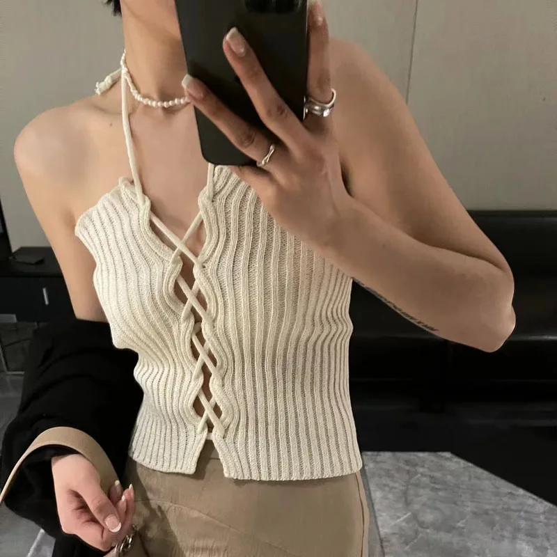 

Boring Honey Solid Colour Halter Slim Crop Tops Women Knitted Chest Wrap Camis Women Clothing High Elasticity Tank Top