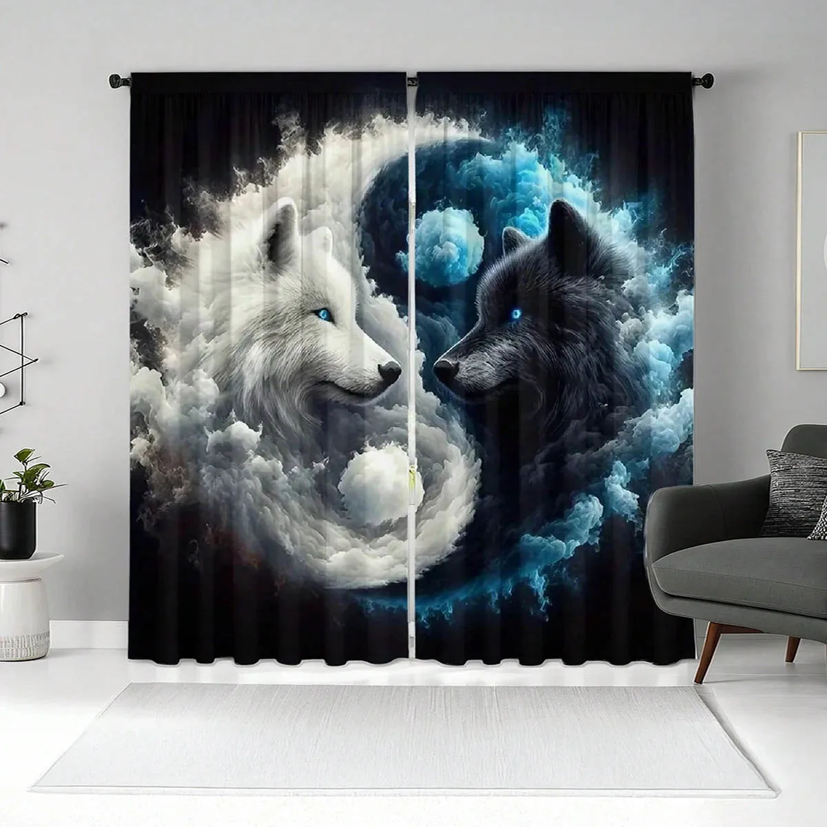 2 Pieces, Tai Chi Animal Wolf Print Curtains, 100% Polyester, Suitable For Kitchen, Bedroom, And Living Room Decoration.