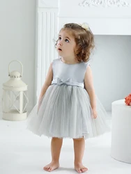 Sleeveless Flower Satin Frock Designs for Baby Girl's Birthday Wedding Party Dresses 0-2 Years Old