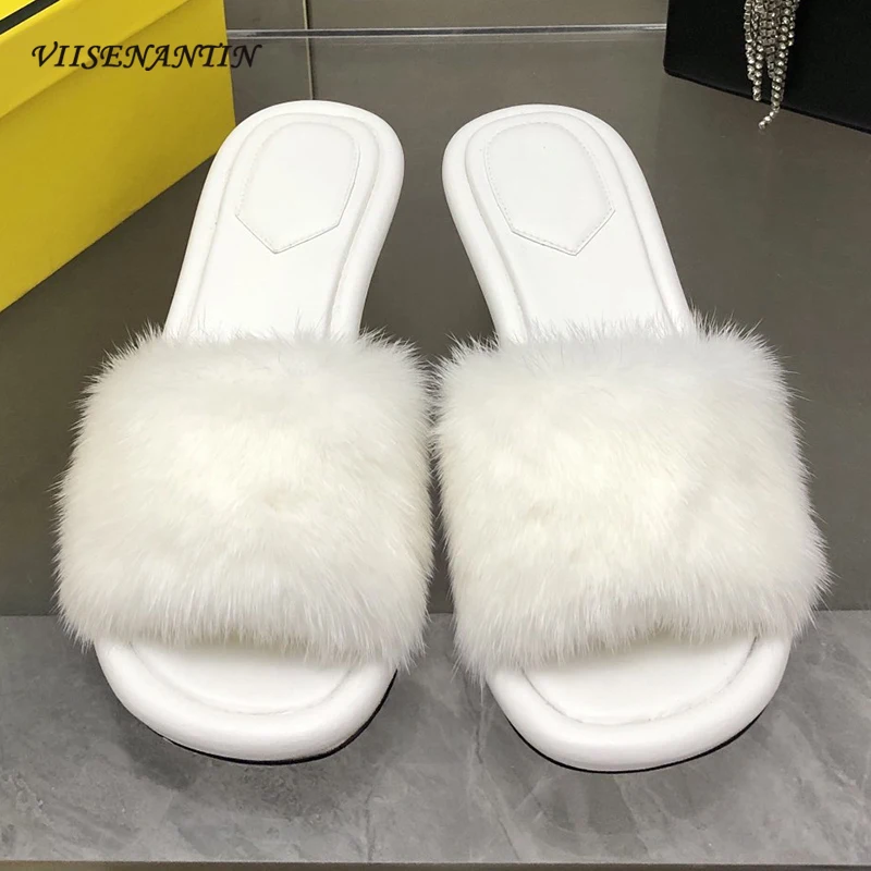 

Luxury Brand Real Fur Slippers for Women 2024 Summer New Peep Toe Chunky Hollow Heel Mules Slides Fashion Lady Party Runway Shoe