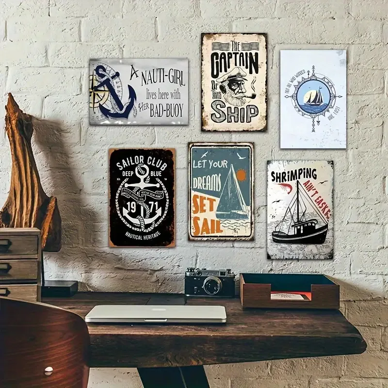 [JIT] 6 قطع ديكور معلق على الحائط معدني بحري عتيق - "نادي بحار" و"Let Your Dreams Set Sail" - 20.32 × 30.48 سم، ريفي نوتيكا