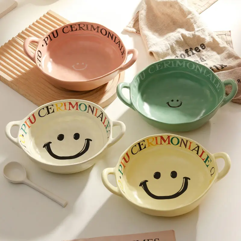 Instant Noodle Bowl Soup Retro Bowl Irregular Double Ear Smiling Face Yogurt Bowl Ins Ceramic Tableware Rice Salad Fruit Plate