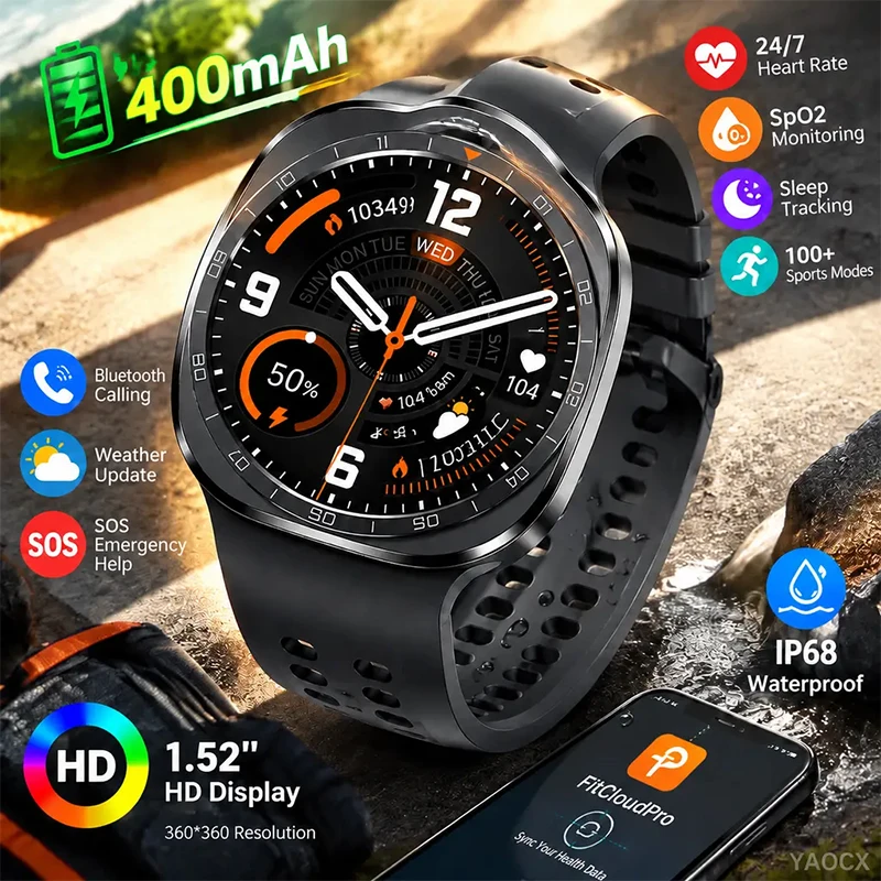 Durable Sport Smart Watch IP68 Waterproof Bluetooth Call 1.52 HD Display Heart Rate O2 Weather SOS 100+ Sports Modes Smart Watch