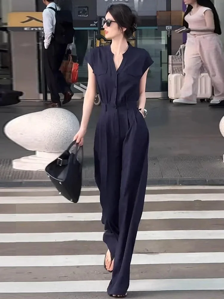 Ele – combinaison taille haute à jambes larges pour femmes, décontractée, coupe droite, longueur au sol, costume coréen Sle Commute Faion