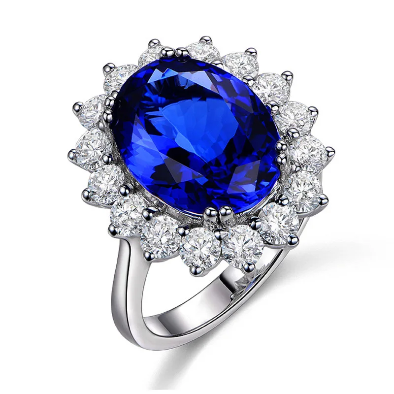 Princess Diana made a blue red sapphire 925 silver engagement ring with natural amethyst and yellow jade