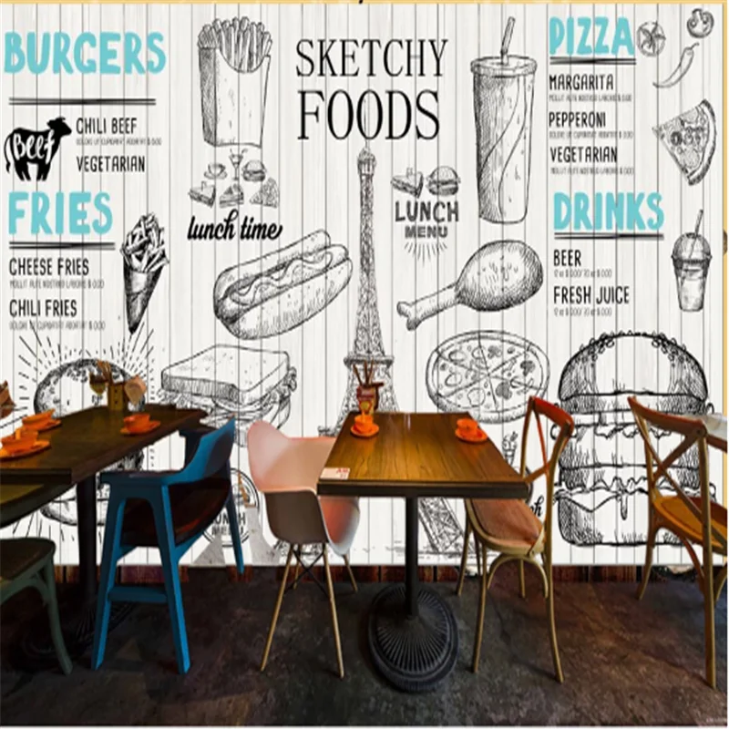 

Custom pizza Burgers Western Fast Food Hot Dog Restaurant Background Wall Mural Wallpaper 3D Snack Bar Hamburger Wall Paper 3D