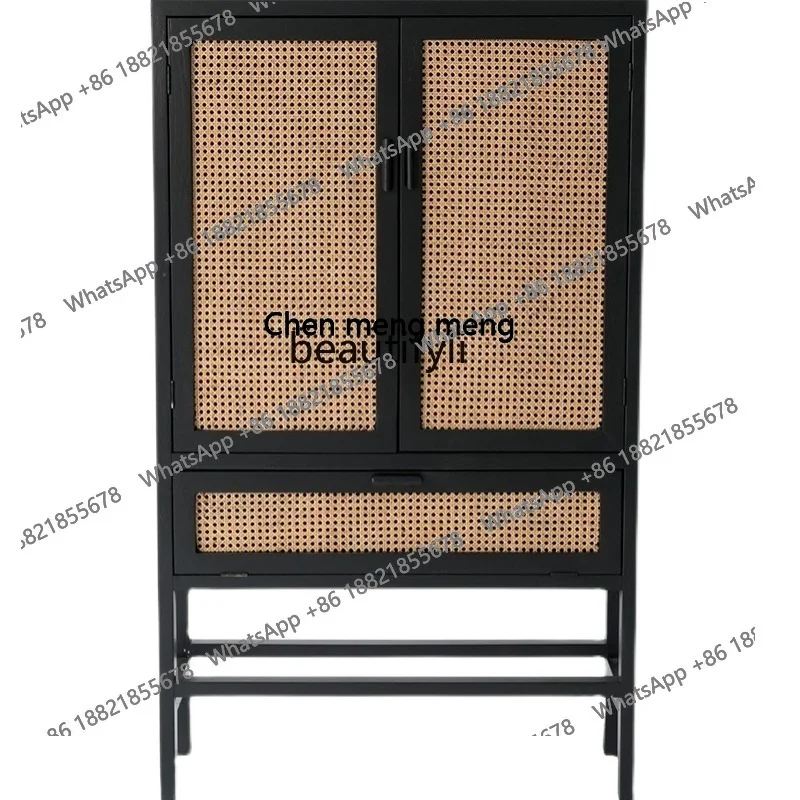 

Japanese-style solid wood rattan locker small apartment living room dining storage and breakfast double door entrance cabinet H