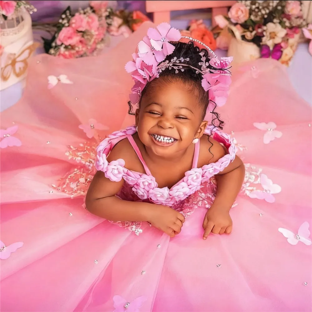 

Customized Pink Flower Girl Dress For Wedding Appliques Floral Butterflies Thin Straps Kids Birthday Party First Communion Gown