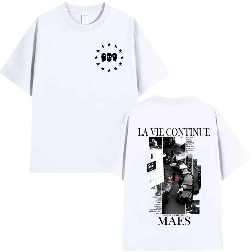 Rapper La Vie Continue Maes Album 2026 Graphic T Shirts Men's Gothic Hip Hop Clothing T-shirts Punk Short Sleeve Cotton T-shirt