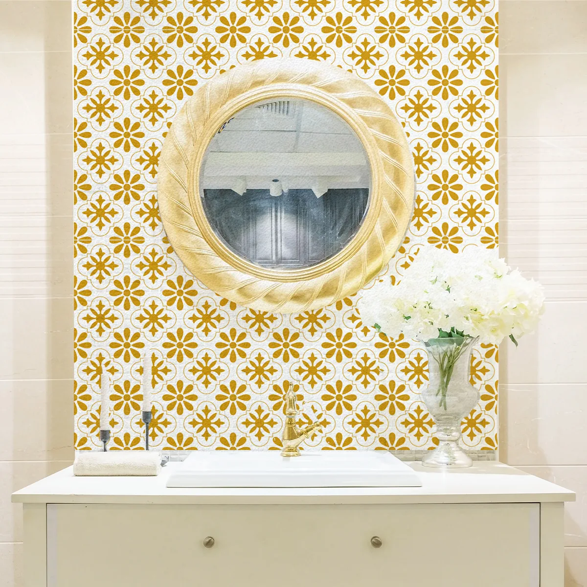 Yellow Flower Pattern Tile Sticker Wall Decor for Balcony Bathroom Bedroom Kitchen Backdrop Waterproof Peel and Stick 10pcs/set