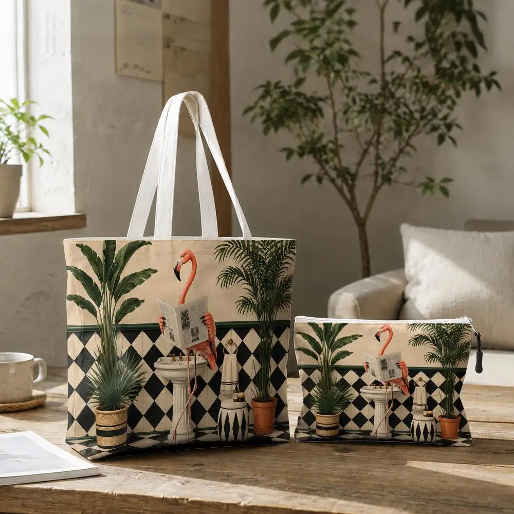Funny Bathroom Animal Storage Bags 2-Piece Eco-Canvas Tote-Zipper&Double-Sided Print -Beach Picnic&Daily Shopping