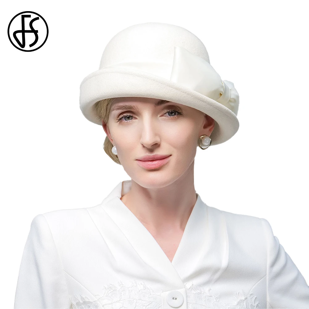 FS Luxury Winter Top Hats For Woman Wedding White Elegant Church Cocktail Tea Party Cap Ladies Curl Brim Wool Fedoras 2024