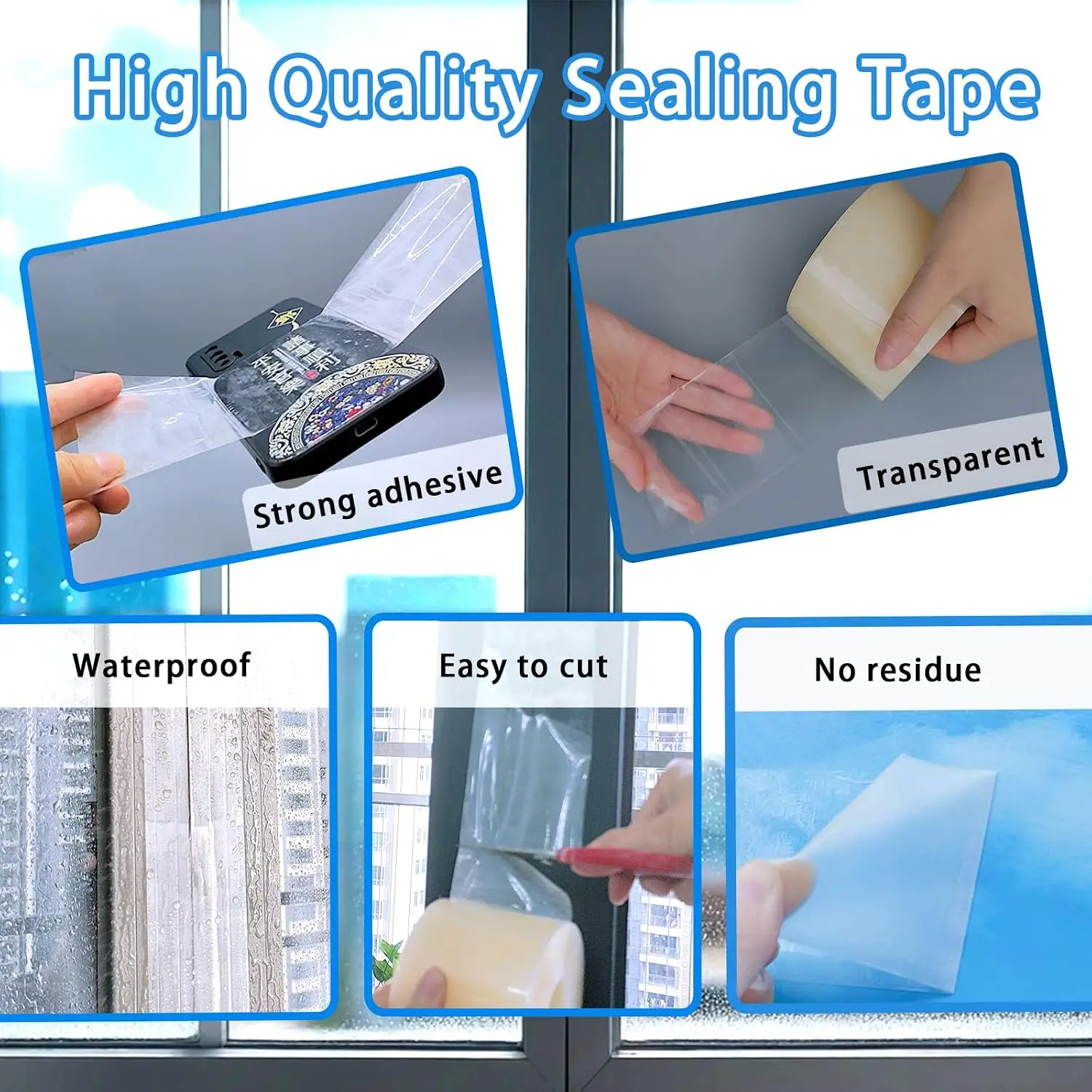 Transparent window weather resistant sealing tape, suitable for winter window sealing kit, used for door and shower glass gaps