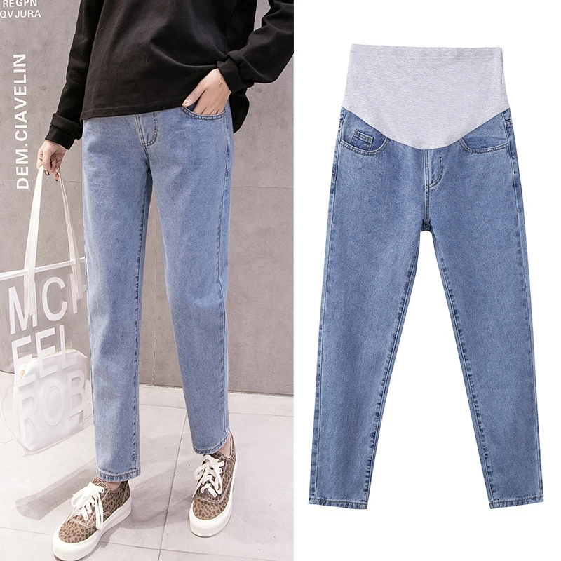 

Autumn Straight Denim Maternity Jeans Spring High Waist Stretch Flared Belly Pants Clothes for Pregnant Women Work Trousers Blue