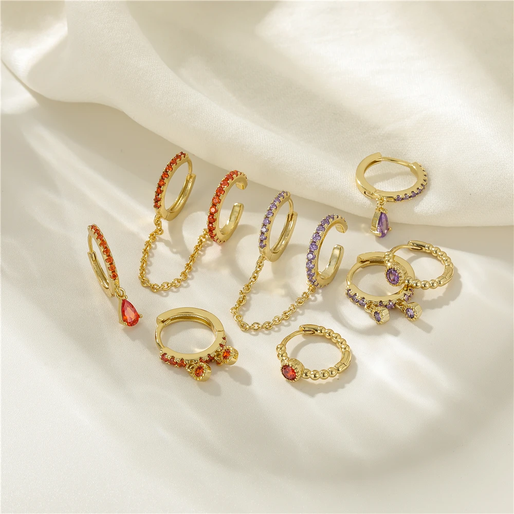 Aide 4pcs Stack Set Colorful Zirconia Huggie Double Hoops With Chain Earrings For Women Wedding Party Crystal Turquoise Jewelry