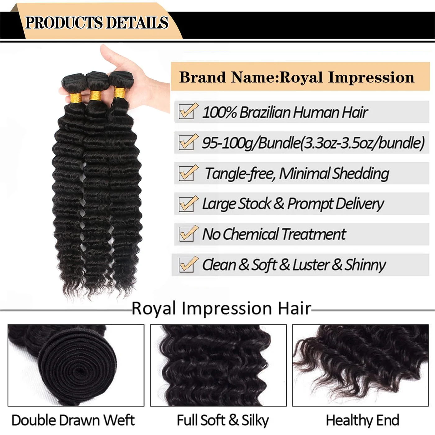 Deep Wave Bundles Human Hair Deep Curly 100% Brazilian Virgin Hair Weave Extensions 1/3 Bundles Human Hair  Natural Black