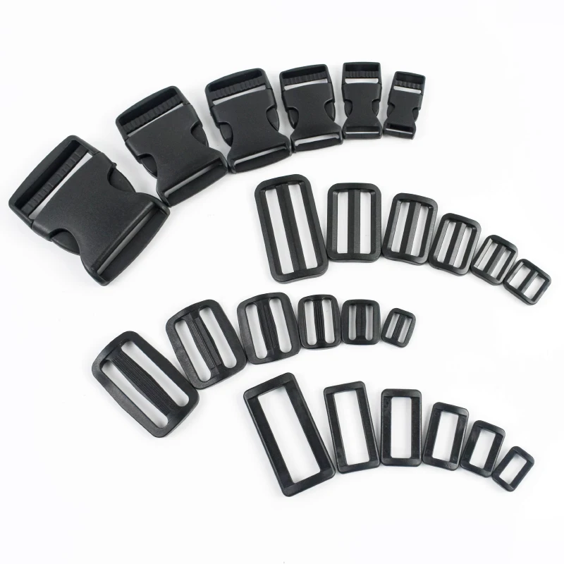 

10/20Pcs 15/20/25/32/38/50mm Plastic Black Buckles Bag Strap Fasteners Release Buckle Adjust Slider D Ring Carabiner Clips Hook