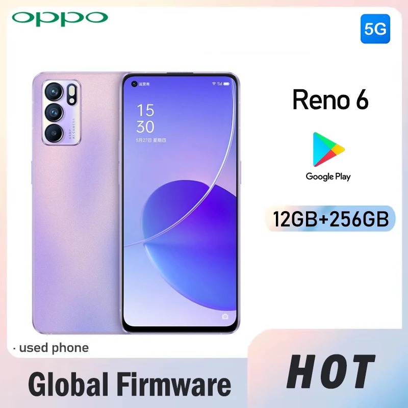 OPPO Reno 6 5G Smartphone Global firmware Rear camera 64MP RAM 12GB ROM 256GB 4300mAh battery used phone